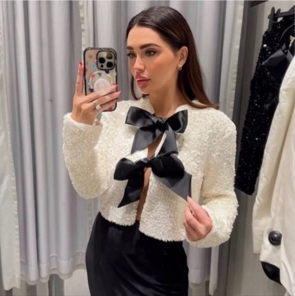 H&M viral white sequin black bow ribbon tie front cardigan sweater - Picture 16 of 16